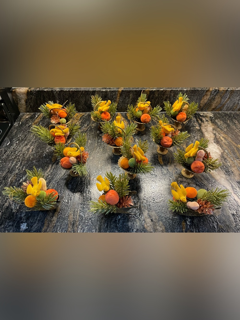 Antique/VTG Mr Christmas Flocked Bird/Fruit Basket/Sleigh Lot of 13 Ornaments